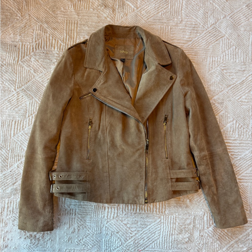 Mango MNG Genuine Leather Suede Moto Jacket Tan Brown Western Boho Large